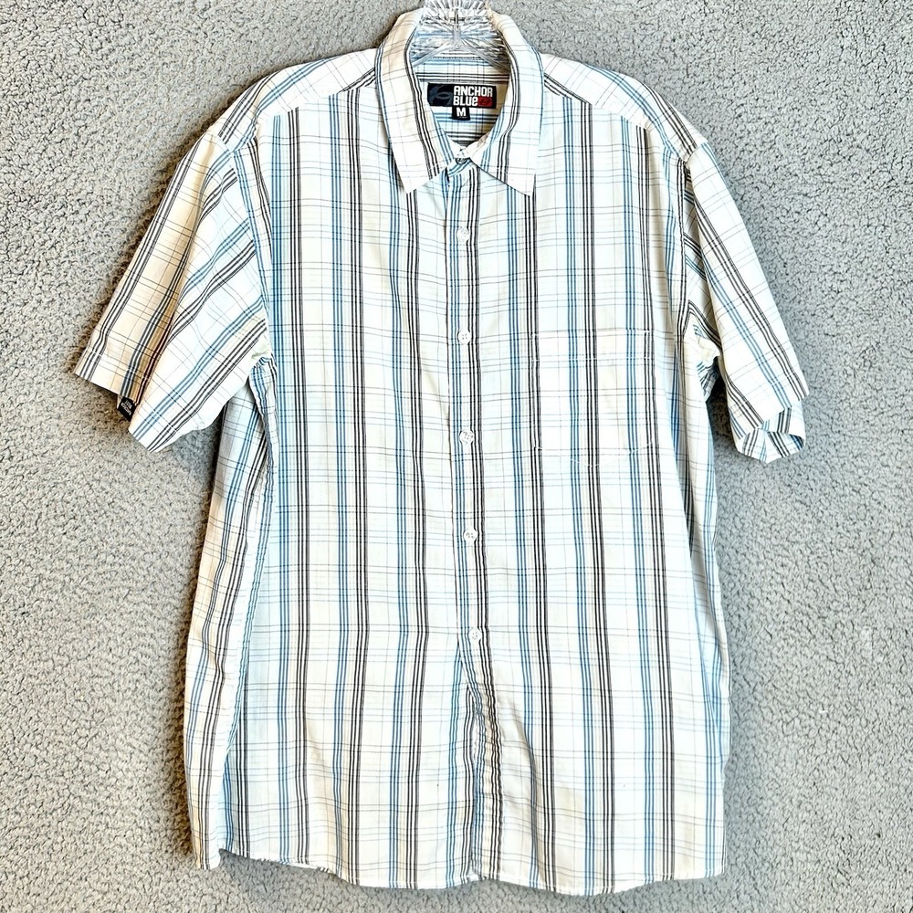 VINTAGE Anchor Blue Shirt Mens Medium Plaid Button Up Short Sleeve Skater Y2K